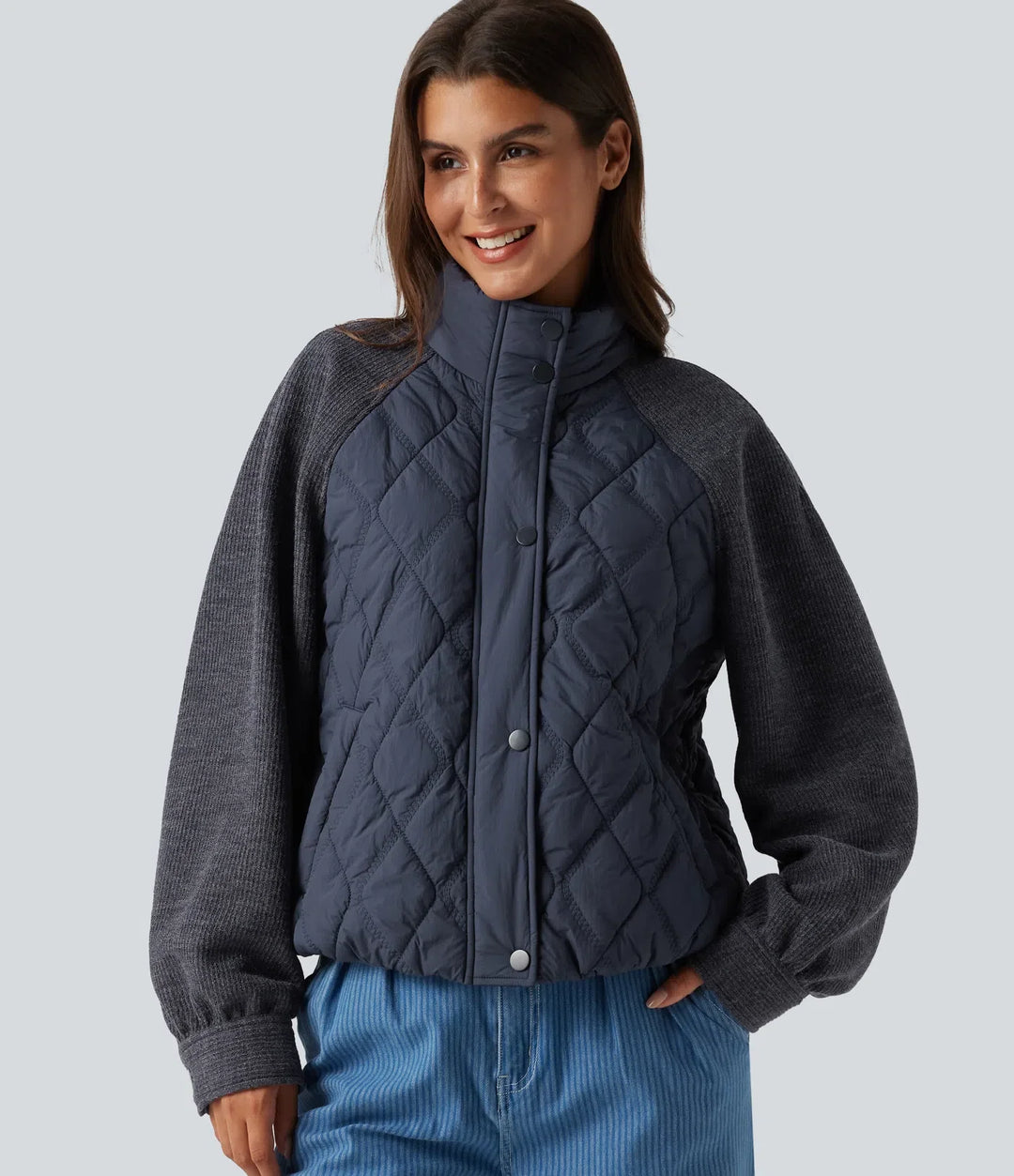 High Neck Long Sleeve Raglan Casual Padded Jacket with Pockets
