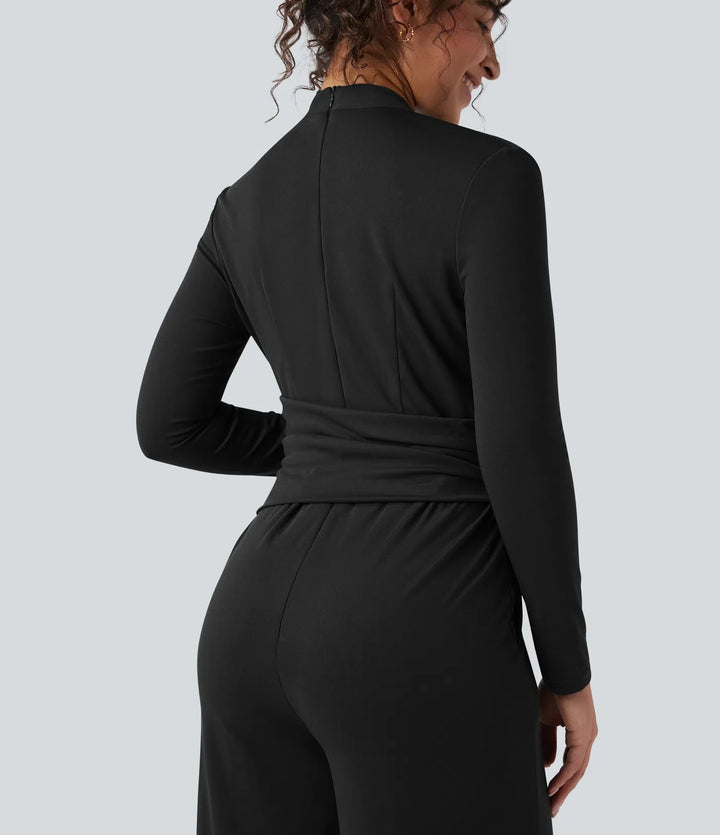 V-neck Zipper Long Sleeve Work Jumpsuit with Pockets-Easy Peezy