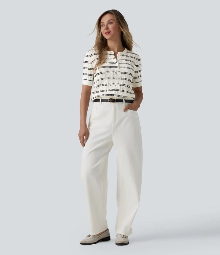 Henley Short Sleeve Stripes Work Sweater