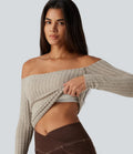 Ribbed Knit Off Shoulder Long Sleeve Built-in Bra Casual Top