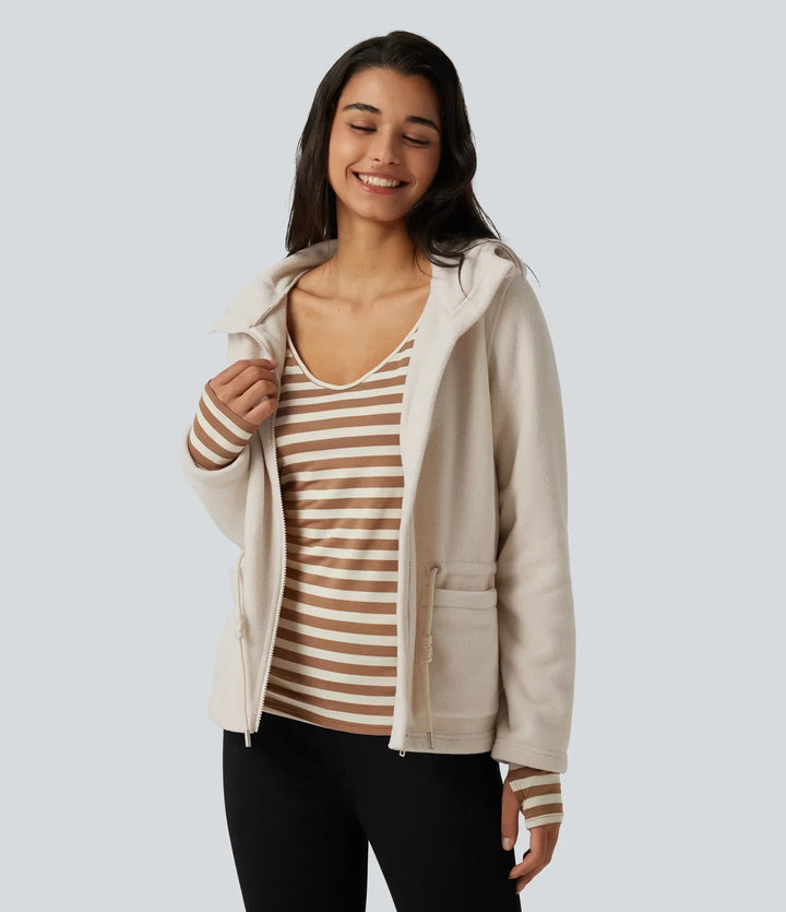 Hooded Drawstring Long Sleeve Casual Sherpa Jacket with Pockets