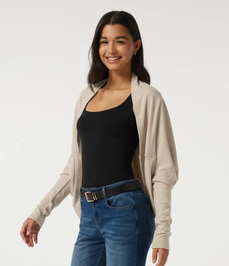 Ribbed Knit Batwing Long Sleeve Curved Hem Casual Cardigan