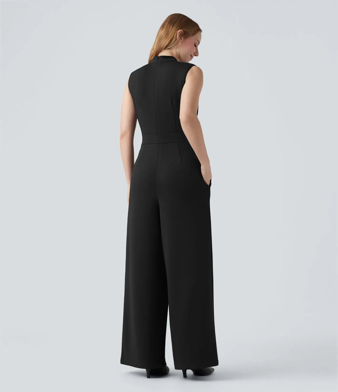 Mock-neck Zipper Sleeveless Work Wide Leg Jumpsuit with Pockets