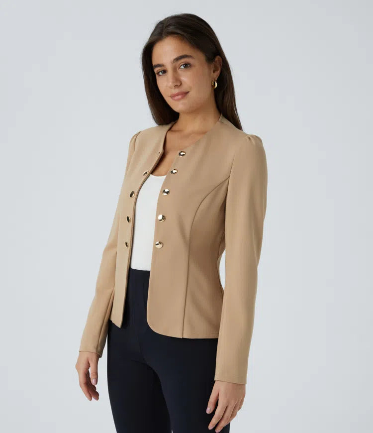 Round Neck Long Sleeve Decorative Button Slim Work Blazer