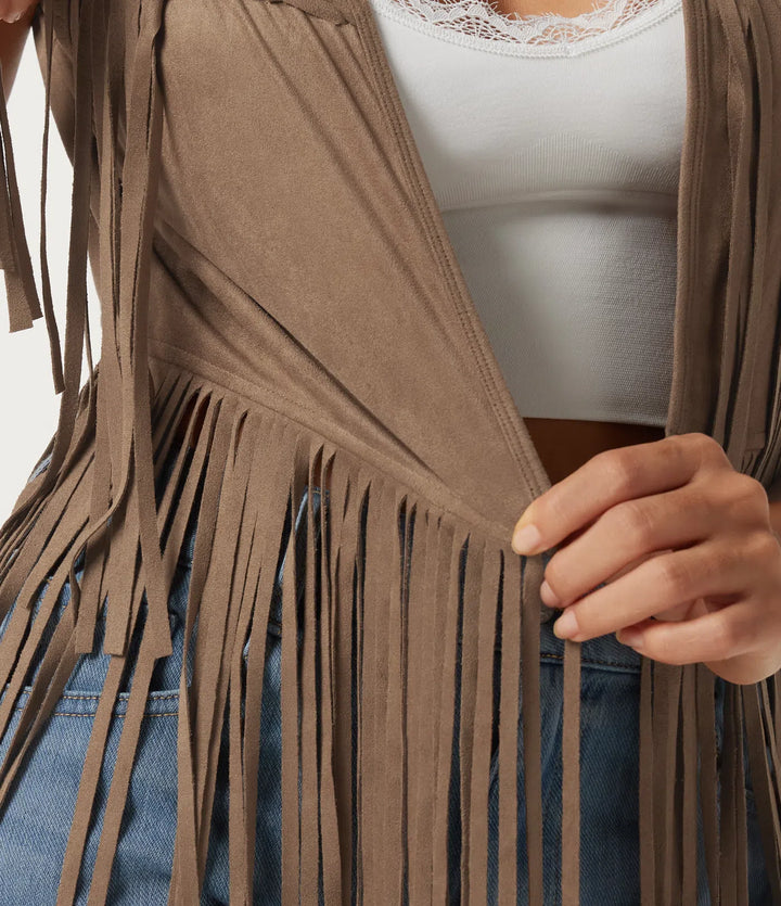 V Neck Open Front Fringe Suede Casual Vest