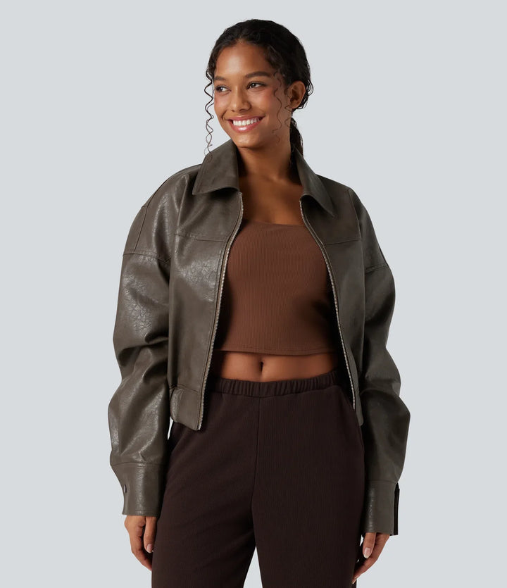 Zipper Long Sleeve Casual Faux Leather Jacket with Pockets