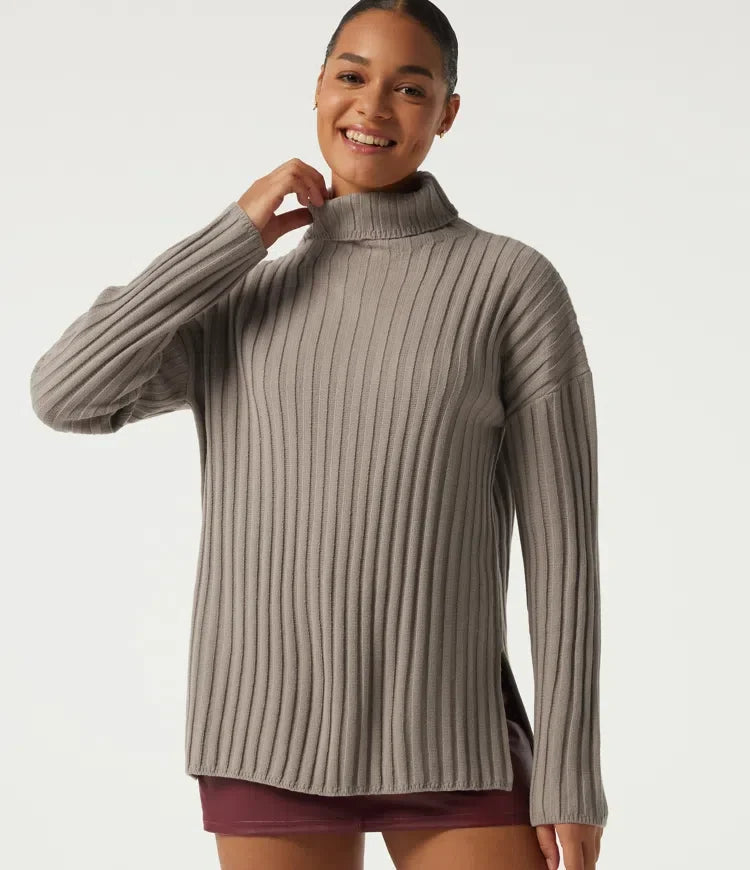 Ribbed Knit High Neck Dropped Long Sleeve Work Sweater