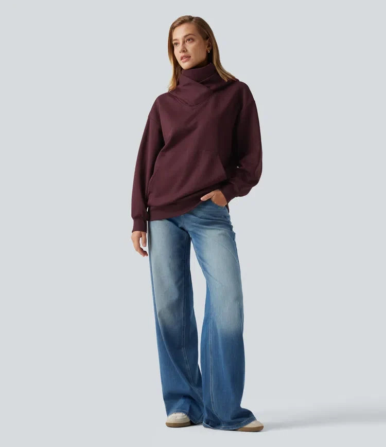 Hooded Crossover Dropped Long Sleeve Fleece Casual Sweatshirt with Pocket