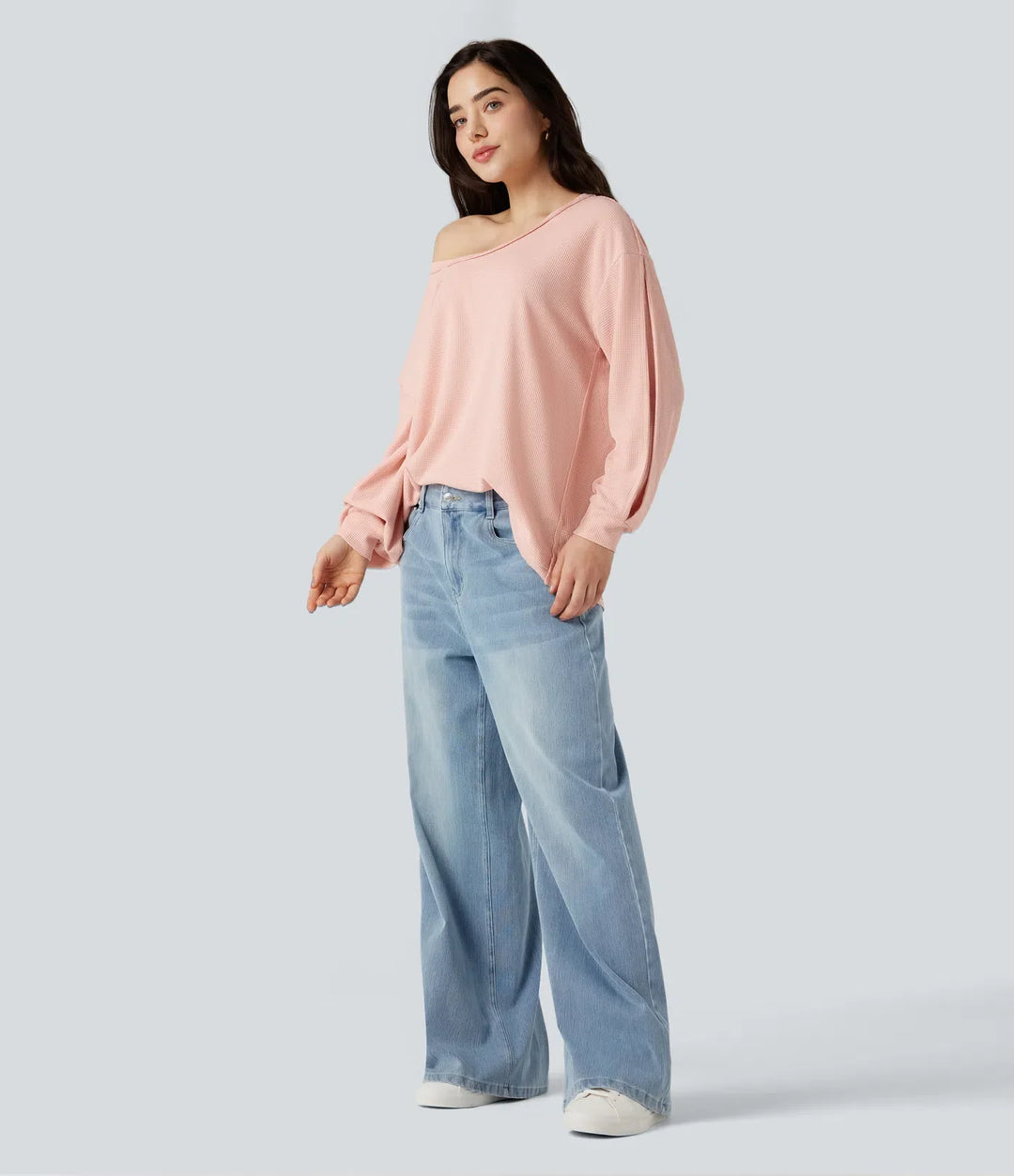 Scoop Neck Long Sleeve Waffle Casual Sweatshirt
