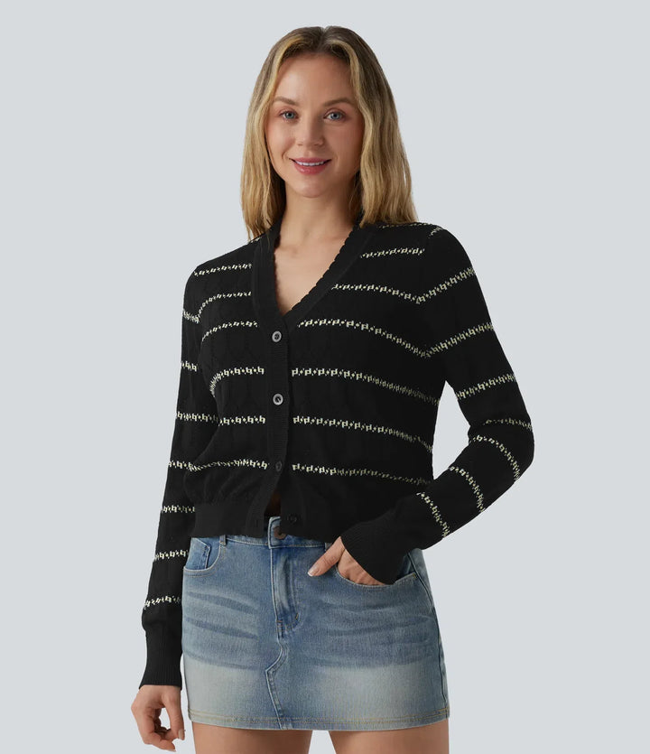 V Neck Long Sleeve Color Block Sweater Knit Cardigan