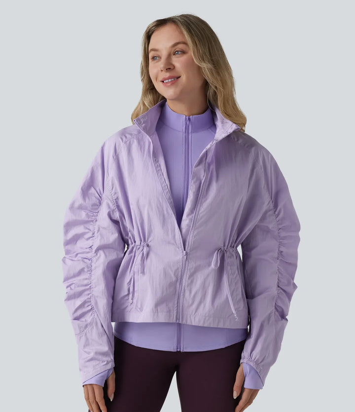 Durable Water Repellent Stand Collar Ruched Sleeve Drawstring Thumb Holes Hiking 3-in-1 Jacket with Pockets