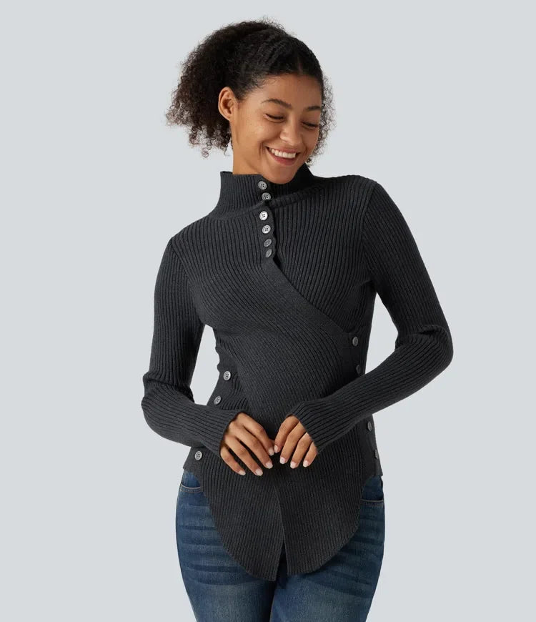 Ribbed Knit High Neck Long Sleeve Thumb Hole Crossover Hem Slim Work Sweater