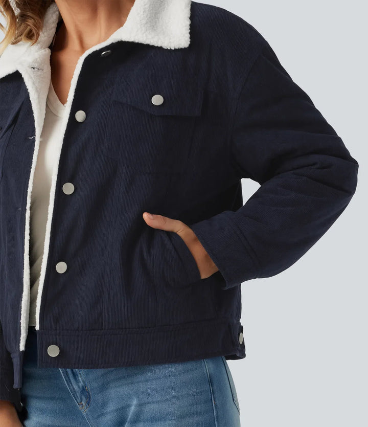 Stand Collar Long Sleeve Corduroy Casual Jacket with Pockets