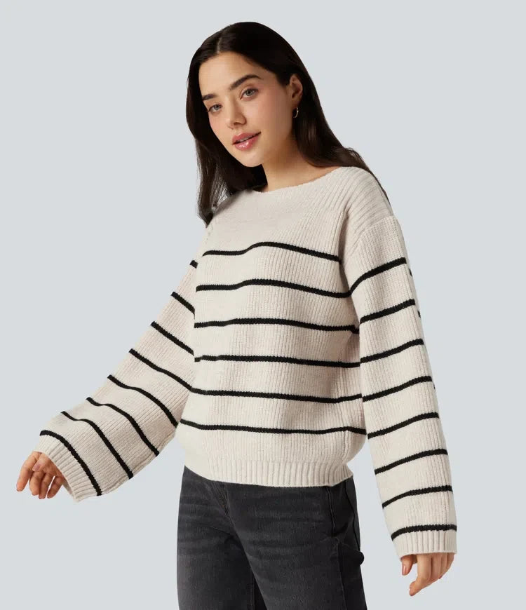 Boat Neck Long Sleeve Stripes Work Sweater