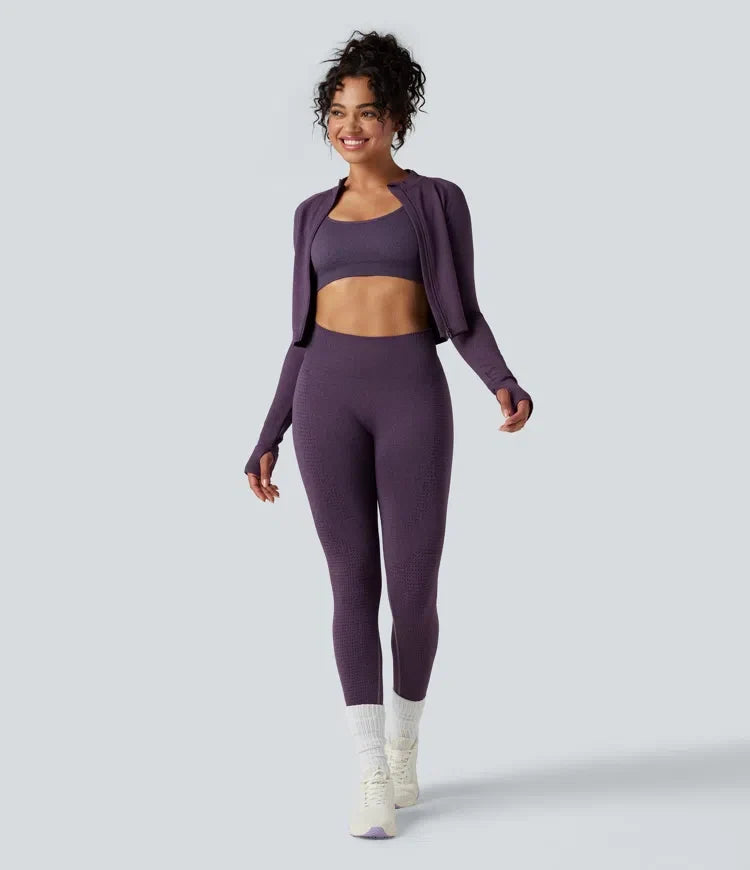 Seamless Flow Stand Collar Long Sleeve Thumb Holes Slim Cropped Yoga Jacket