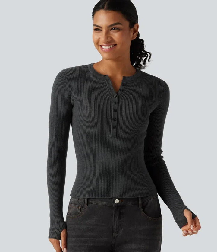 Henley Neck Long Sleeve Thumb Hole Work Wool-Blend Sweater