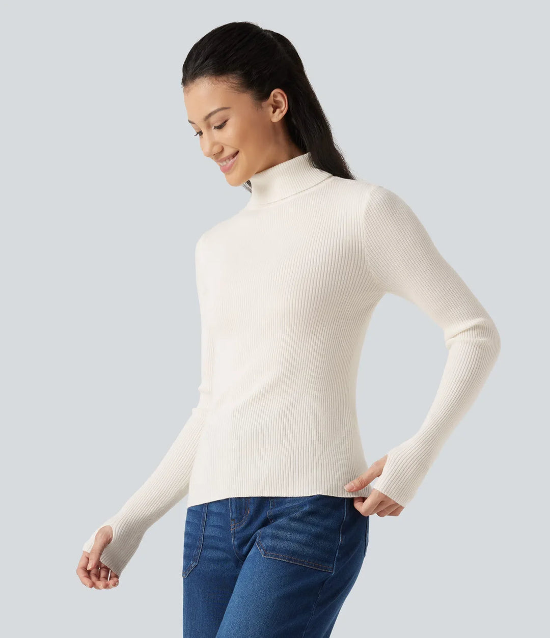 High Neck Long Sleeve Thumb Hole Work Wool-Blend Sweater