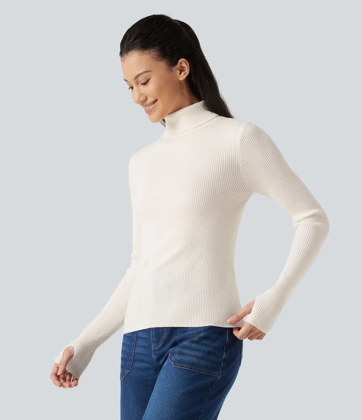 High Neck Long Sleeve Thumb Hole Work Wool-Blend Sweater