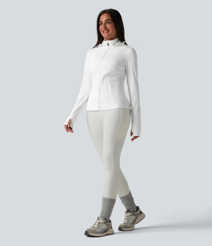 Removable Hood Thumb Holes Ruffle Hem Slim Hiking Jacket