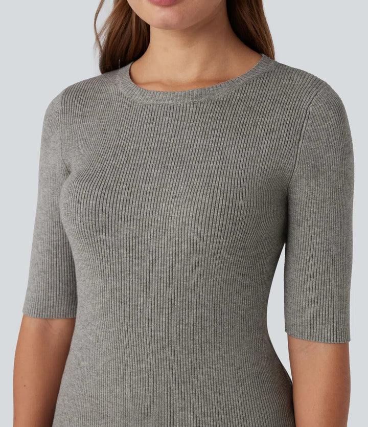 Ribbed Knit Round Neck Half Sleeve Work Sweater