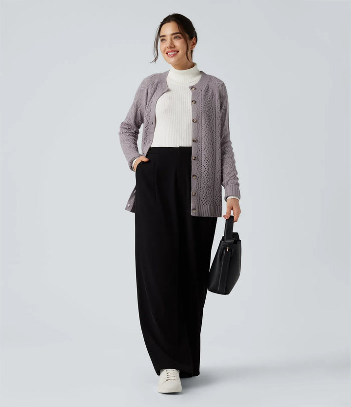 Round Neck Long Sleeve Button Fly Hollow Out Casual Cardigan