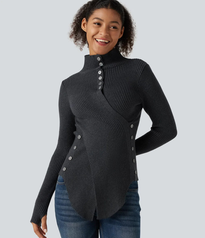Ribbed Knit High Neck Long Sleeve Thumb Hole Crossover Hem Slim Work Sweater