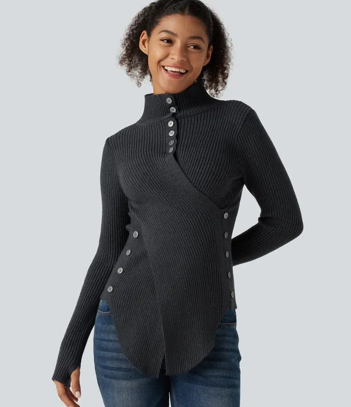 Ribbed Knit High Neck Long Sleeve Thumb Hole Crossover Hem Slim Work Sweater