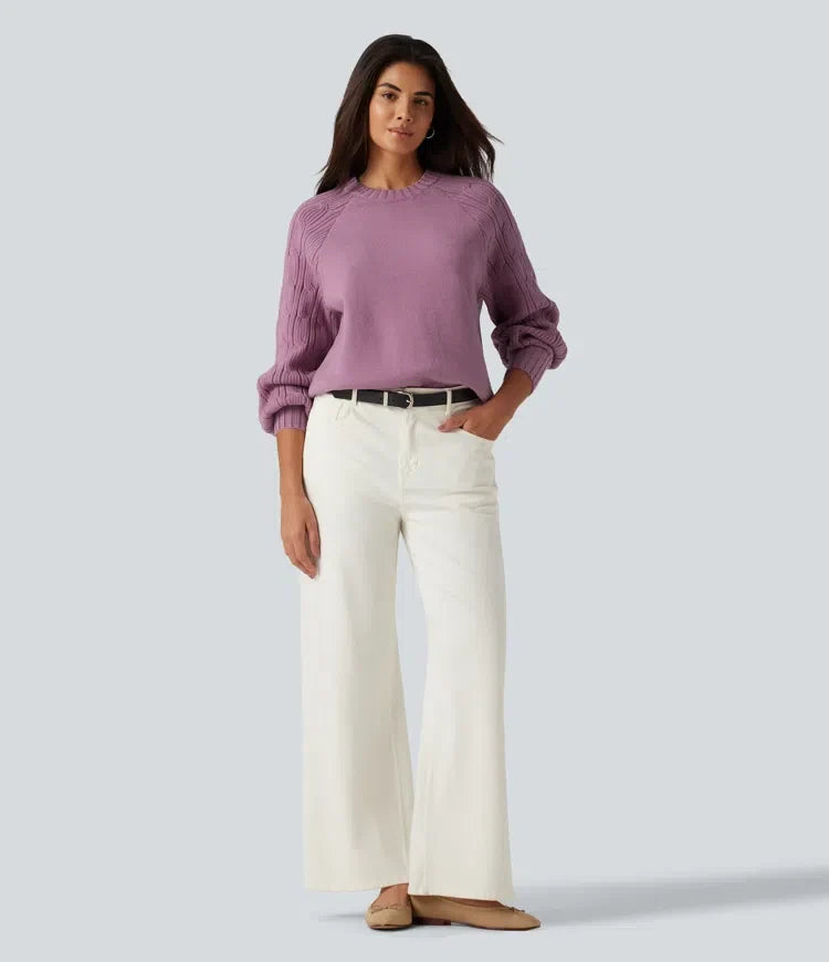 Round Neck Long Sleeve Slit Hem Casual Sweater