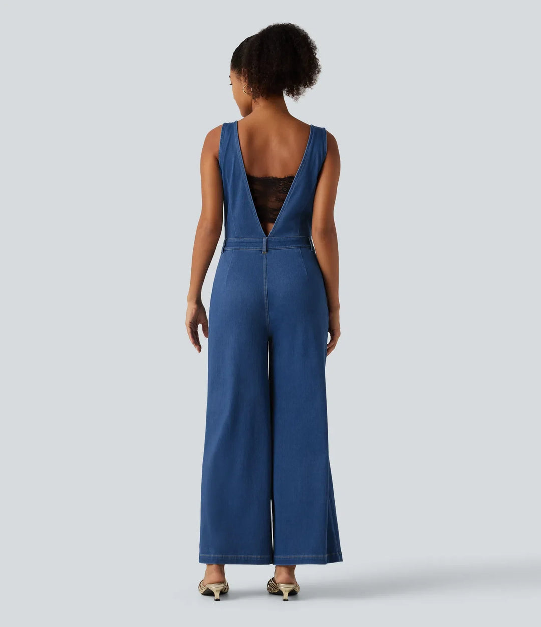Halara Flex V Neck Wide Leg Denim Casual Jumpsuit with Pockets