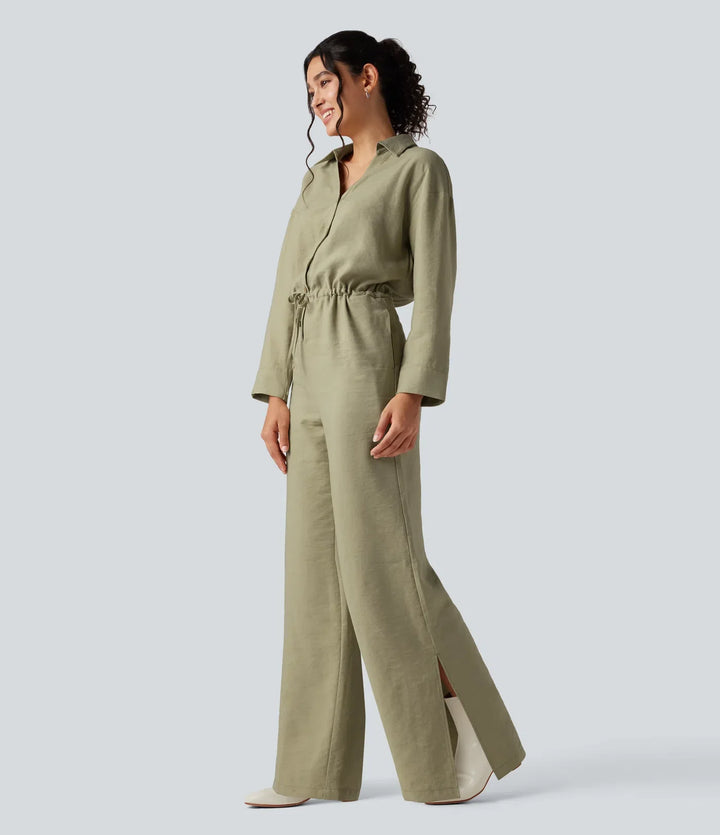 Long Sleeve Drawstring Wide Leg Work Jumpsuit with Pockets