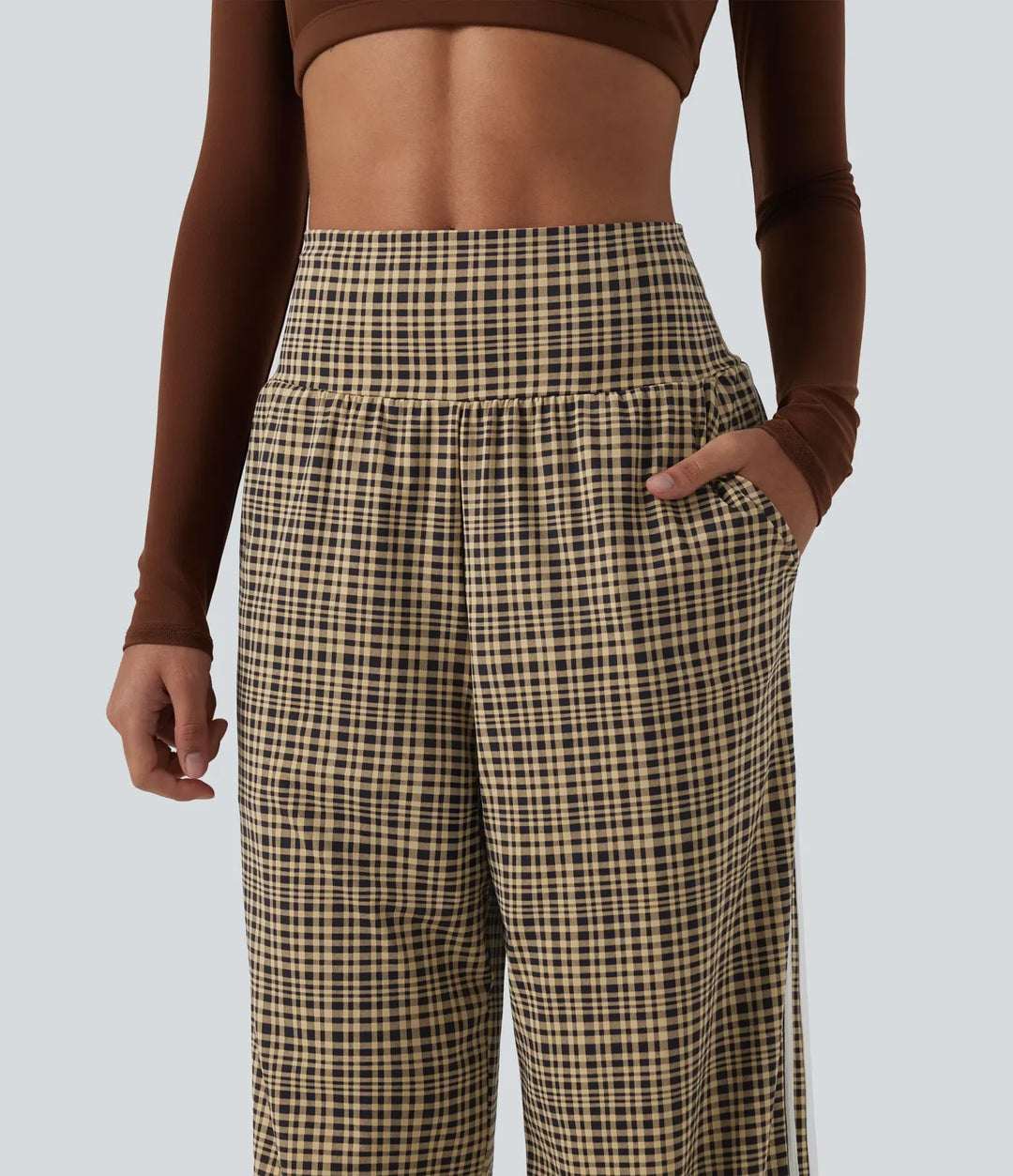 High Waisted Tummy Control Plaid Wide Leg Running Pants with Pockets