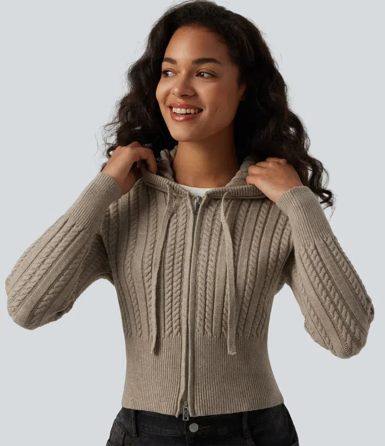 Hooded Zip Fly Cable Knit Casual Cardigan