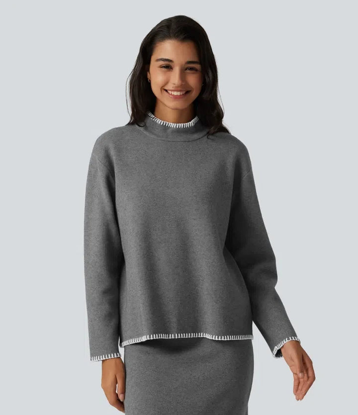 Stand Collar Long Sleeve Crochet Work Sweater