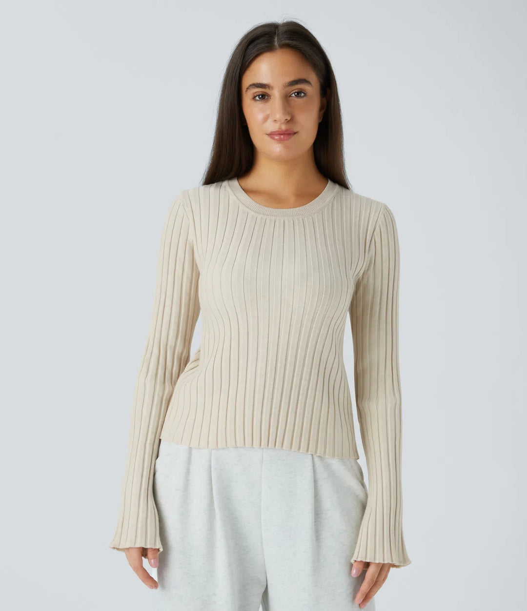 Round Neck Long Sleeve Frill Casual Sweater