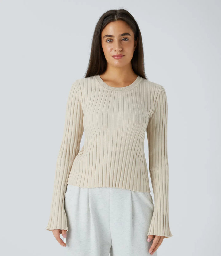 Round Neck Long Sleeve Frill Casual Sweater