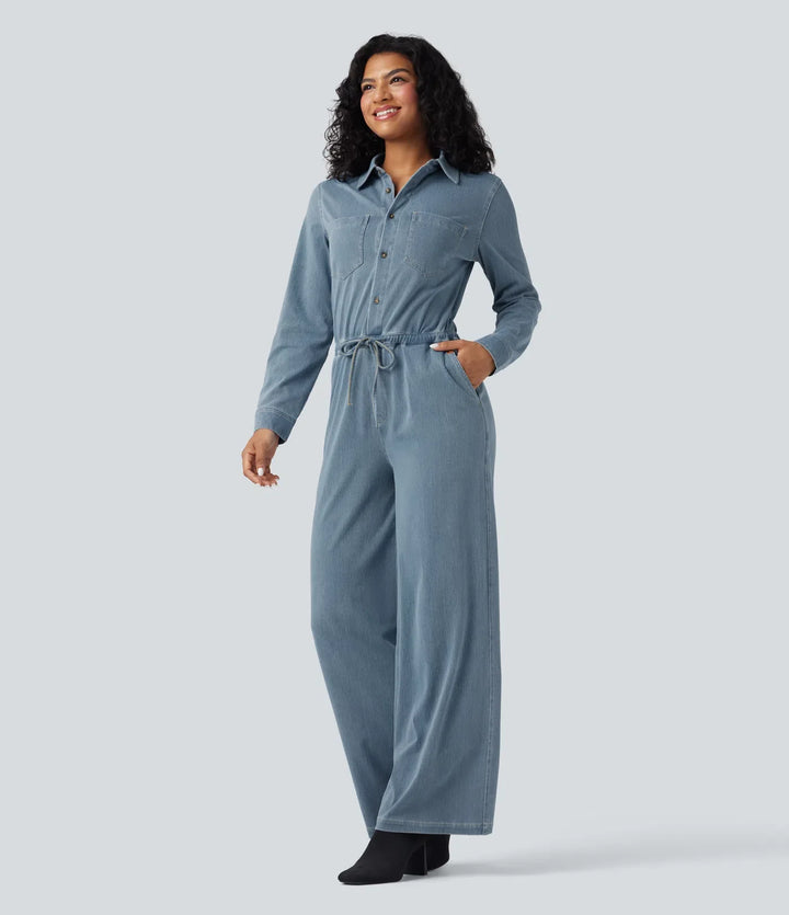 Halara Flex Long Sleeve Drawstring Wide Leg Washed Denim Casual Jumpsuit with Pockets-Easy Peezy Edition