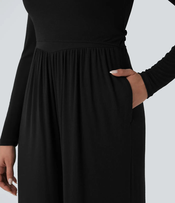 Ribbed V Neck Wrapped Tie Back Long Sleeve Wide Leg Casual Jumpsuit with Pockets-Easy Peezy Edition