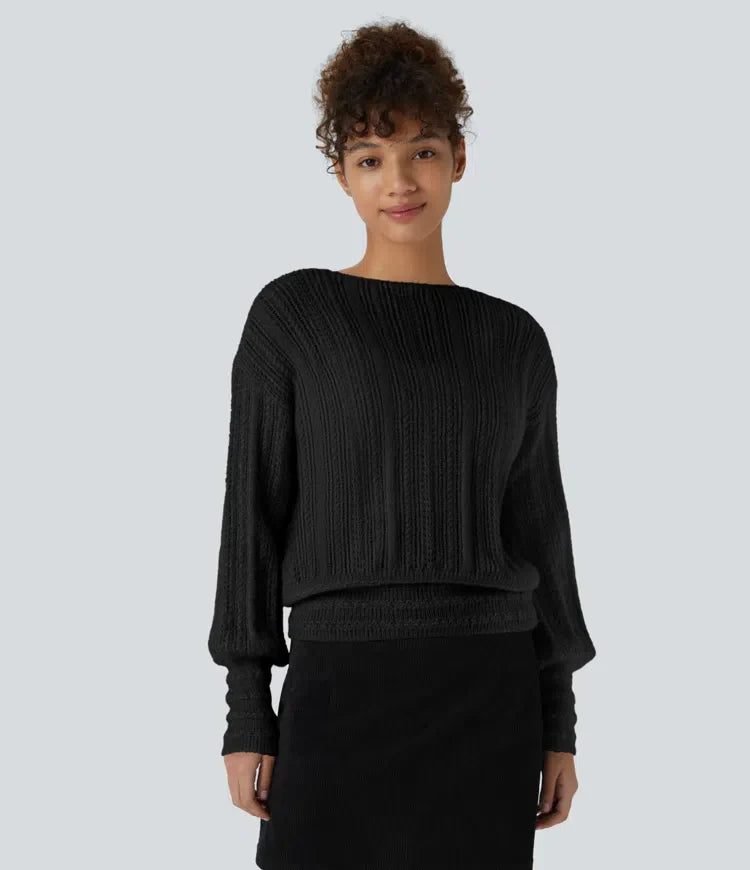 Sheer V Neck Long Sleeve Work Sweater-Front and Back Wearable