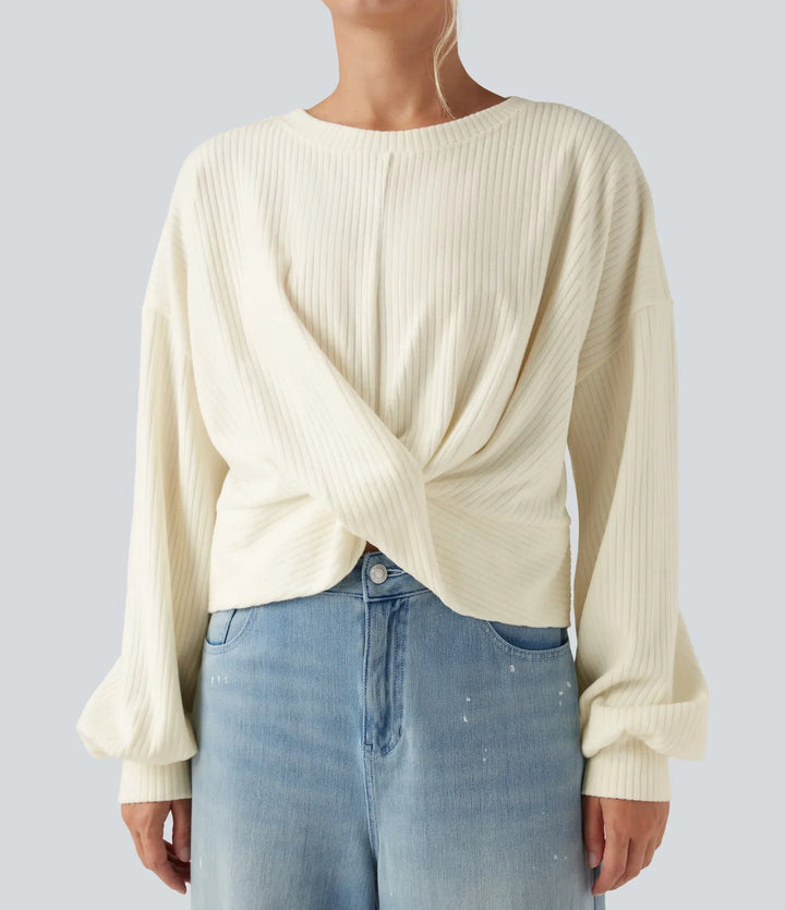 Ribbed Knit Round Neck Long Sleeve Twisted Hem Casual Sweatshirt