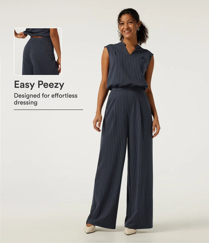 Notched Sleeveless Wide Leg Stripe Work Jumpsuits with Pockets - Easy Peezy Edition