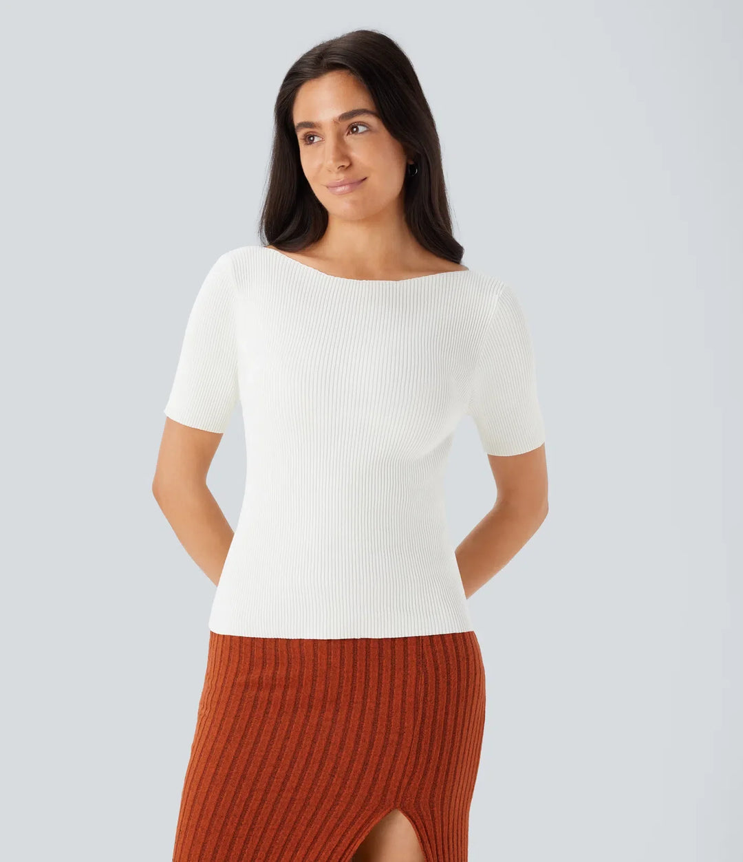 Boat Neck Short Sleeve Slim Work Sweater