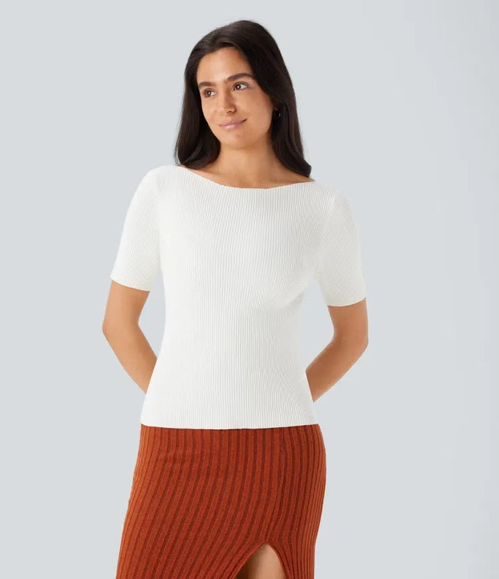 Boat Neck Short Sleeve Slim Work Sweater