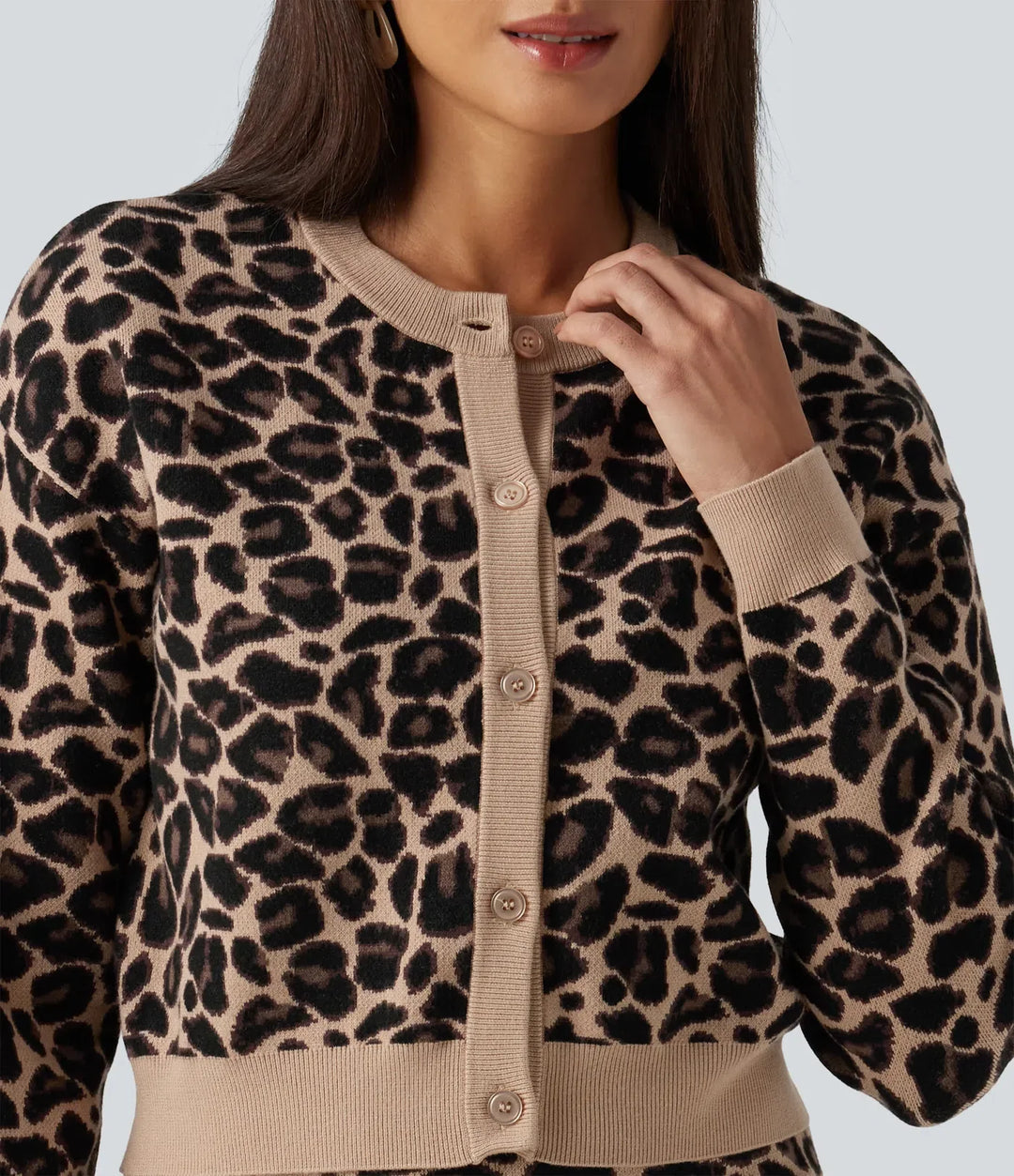 Round Neck Long Sleeve Leopard Print Casual Cardigan