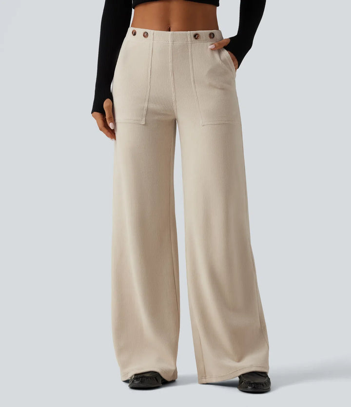 Mid Rise Wide Leg Corduroy Casual Pants with Pockets
