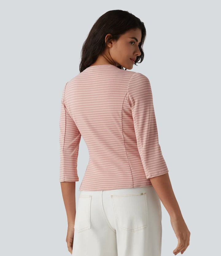 Ribbed Knit V Neck Open Front 3/4 Sleeve Stripe Casual Blazer