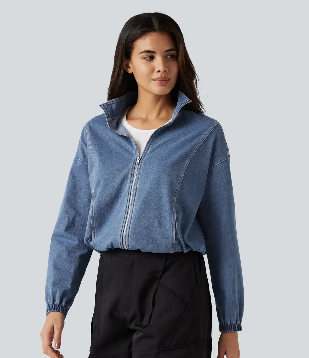 Halara Flex High Neck Long Sleeve Denim Casual Jacket with Pockets