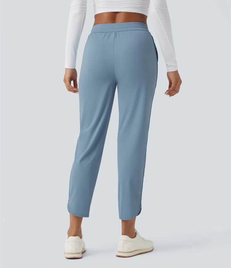 Mid Rise Drawstring Curved Hem Quick Dry Golf Tapered Pants with Pockets-UPF40+