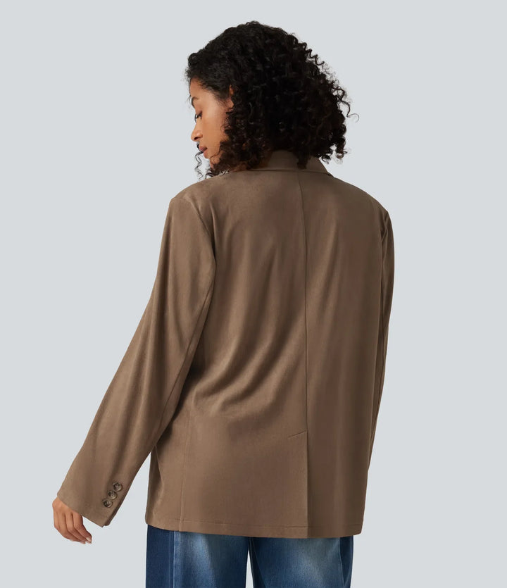 Notched Collar Long Sleeve Suede Casual Blazer with Pockets
