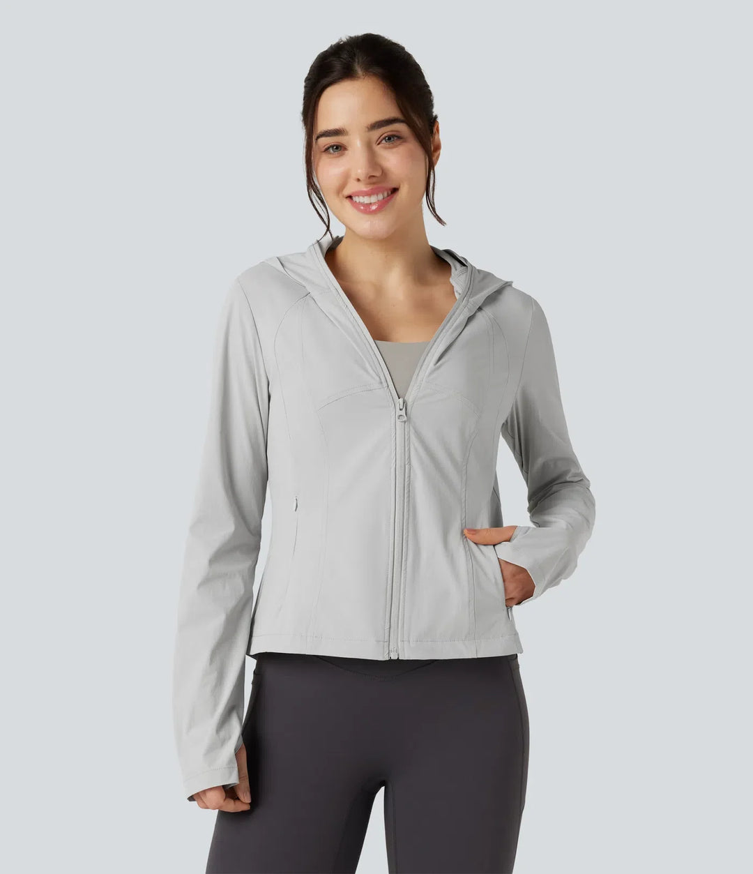 Hooded Long Sleeve Thumb Hole Zipper Hiking Jacket with Pockets-UPF40+
