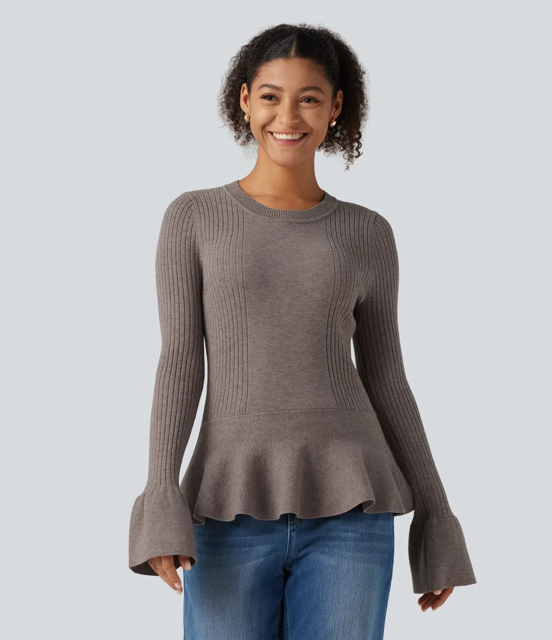 Round Neck Long Sleeve Ruffle Hem Slim Work Sweater